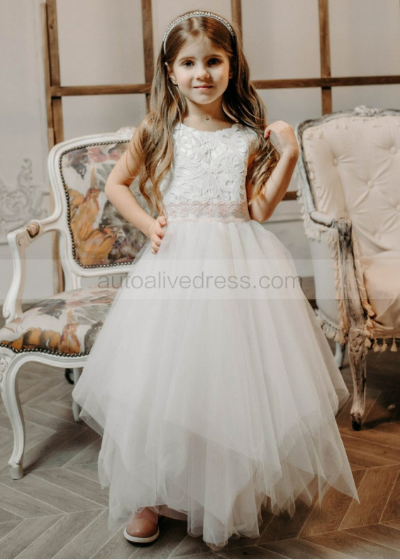 Ivory Lace Tulle Handkerchief Hem Flower Girl Dress